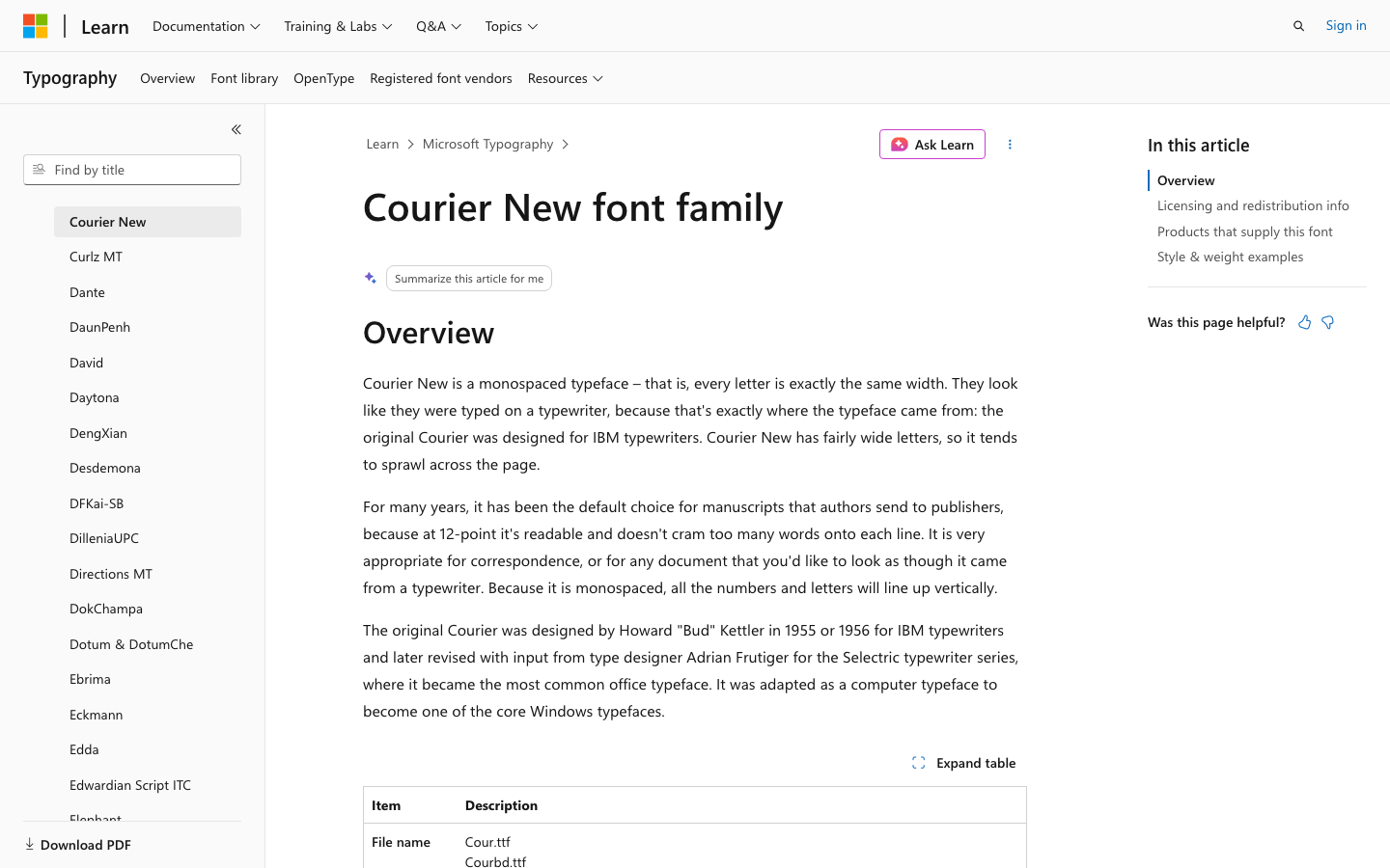 Microsoft Learn（Courier New font family）のページ